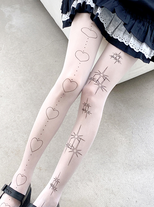 Sweet Girl Irregular Niche Heart Shape Printing Star Pattern Lolita White Pantyhose