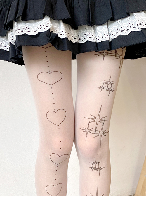 Sweet Girl Irregular Niche Heart Shape Printing Star Pattern Lolita White Pantyhose