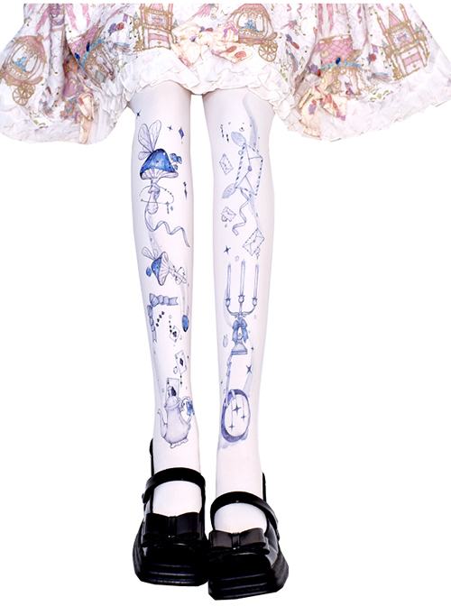 Alice In Sleepwalking Theme Pattern Printing Cute Girl Lolita White Pantyhose