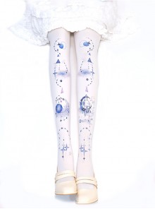 Galaxy Story Theme Pattern Blue Star Shape Printing Cute Girl Lolita White Pantyhose