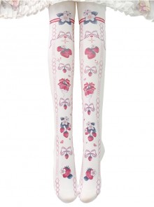 Japanese Style Cute Sweet Pink Strawberry Print Bow Knot Stockings Lolita Girly Pantyhose