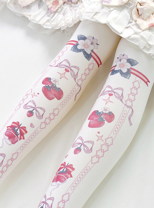 Japanese Style Cute Sweet Pink Strawberry Print Bow Knot Stockings Lolita  Girly Pantyhose