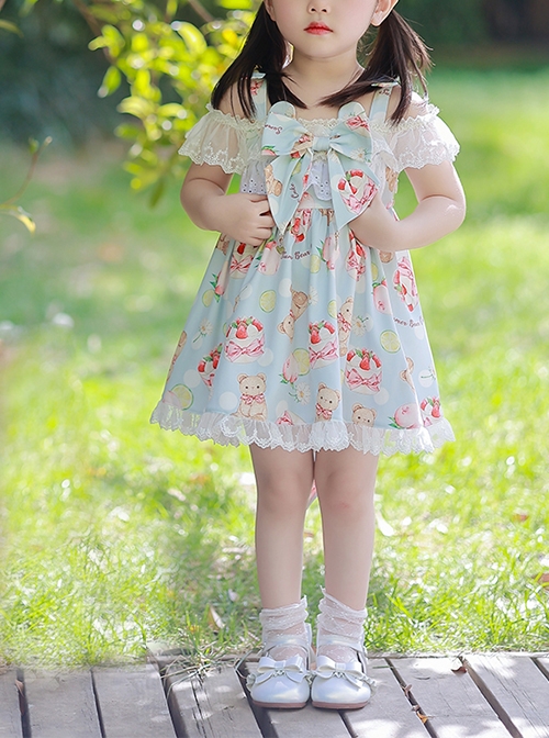 Bear Afternoon Tea Series Cute Sweet Strawberry Cake Print Jacquard Lace Hem Children Lolita Kids Sleeveless Princess Dress