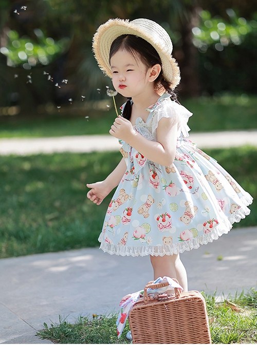 Bear Afternoon Tea Series Cute Sweet Strawberry Cake Print Jacquard Lace Hem Children Lolita Kids Sleeveless Princess Dress