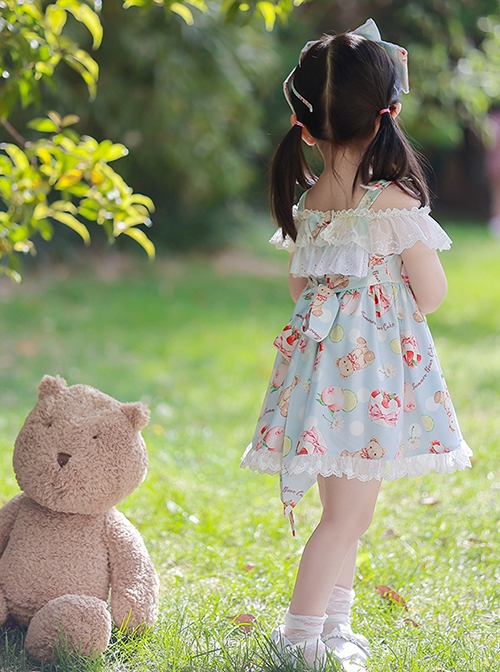 Bear Afternoon Tea Series Cute Sweet Strawberry Cake Print Jacquard Lace Hem Children Lolita Kids Sleeveless Princess Dress