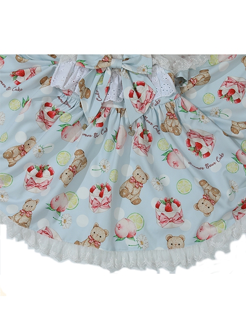 Bear Afternoon Tea Series Cute Sweet Strawberry Cake Print Jacquard Lace Hem Children Lolita Kids Sleeveless Princess Dress