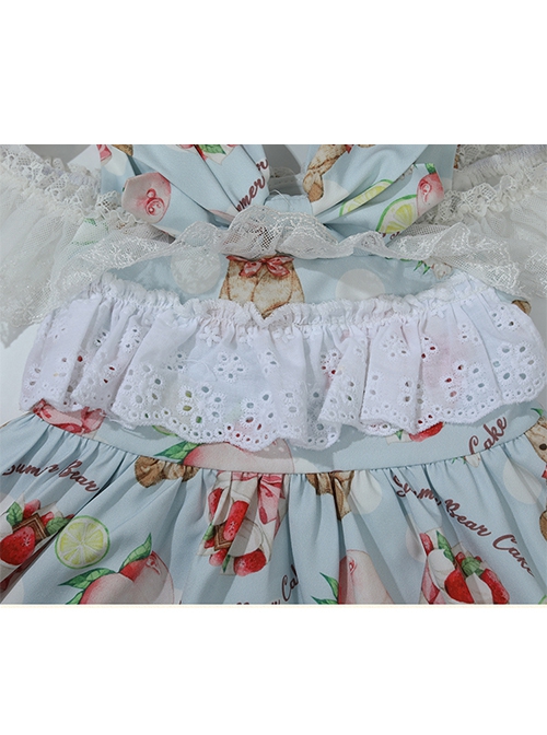 Bear Afternoon Tea Series Cute Sweet Strawberry Cake Print Jacquard Lace Hem Children Lolita Kids Sleeveless Princess Dress