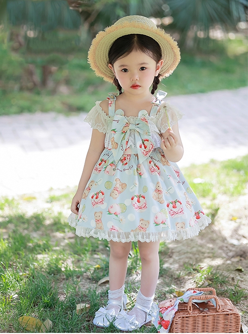 Bear Afternoon Tea Series Cute Sweet Strawberry Cake Print Jacquard Lace Hem Children Lolita Kids Sleeveless Princess Dress