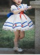 Small Navy Series Large Square Neckline Red Pentagram Decoration Bow Knot Children Lolita Kids White Short Sleeve Dress