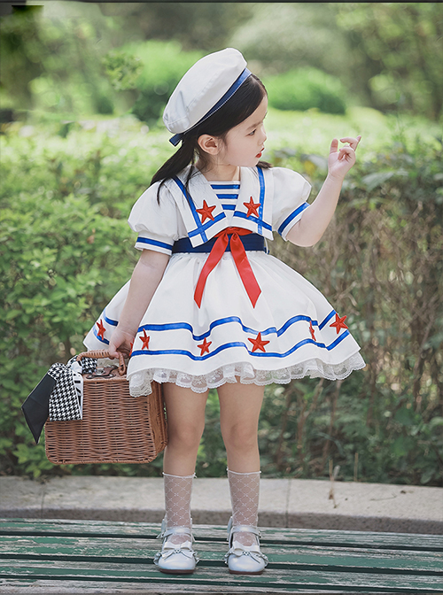 Small Navy Series Large Square Neckline Red Pentagram Decoration Bow Knot Children Lolita Kids White Short Sleeve Dress