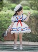 Small Navy Series Large Square Neckline Red Pentagram Decoration Bow Knot Children Lolita Kids White Short Sleeve Dress