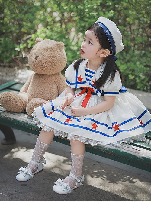 Small Navy Series Large Square Neckline Red Pentagram Decoration Bow Knot Children Lolita Kids White Short Sleeve Dress