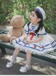 Small Navy Series Large Square Neckline Red Pentagram Decoration Bow Knot Children Lolita Kids White Short Sleeve Dress