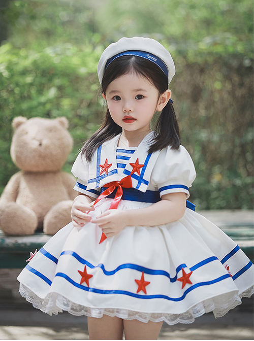 Small Navy Series Large Square Neckline Red Pentagram Decoration Bow Knot Children Lolita Kids White Short Sleeve Dress