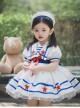 Small Navy Series Large Square Neckline Red Pentagram Decoration Bow Knot Children Lolita Kids White Short Sleeve Dress