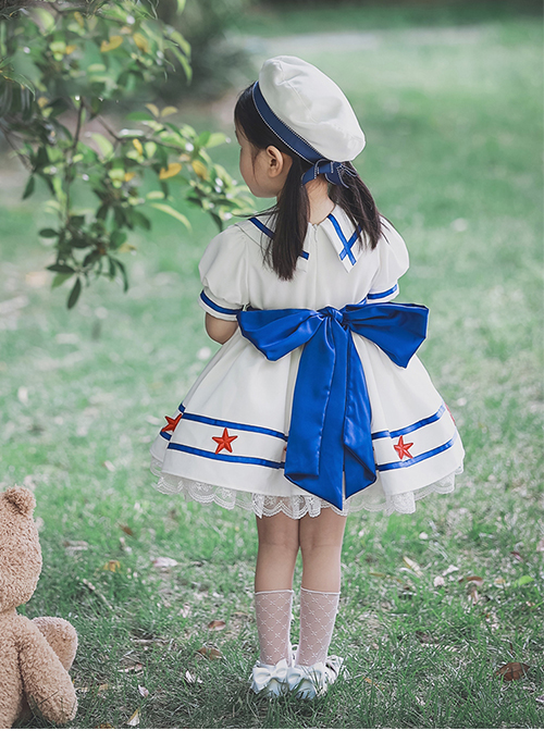 Small Navy Series Large Square Neckline Red Pentagram Decoration Bow Knot Children Lolita Kids White Short Sleeve Dress