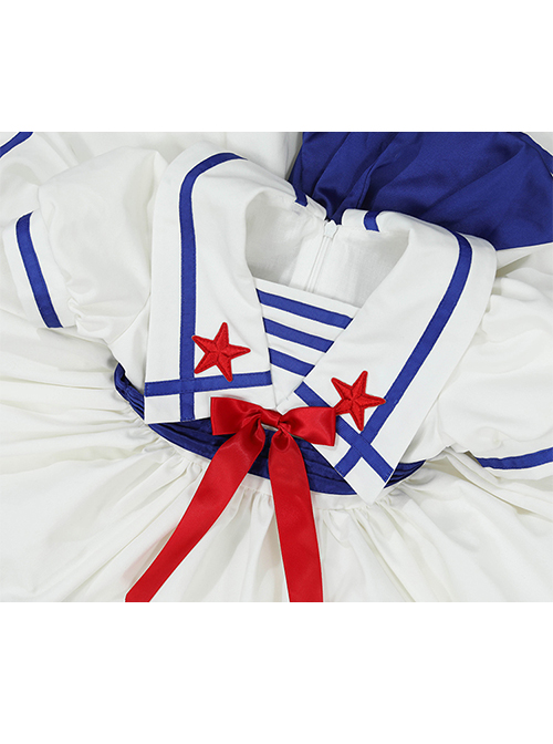 Small Navy Series Large Square Neckline Red Pentagram Decoration Bow Knot Children Lolita Kids White Short Sleeve Dress