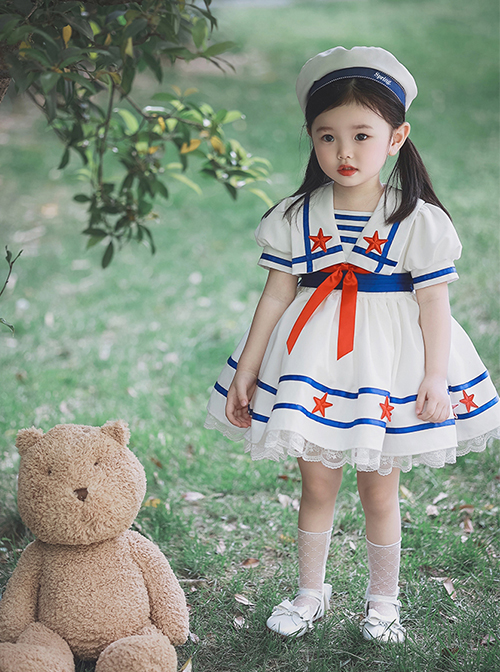 Small Navy Series Large Square Neckline Red Pentagram Decoration Bow Knot Children Lolita Kids White Short Sleeve Dress