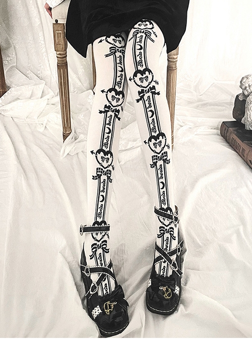 Black Heart Shape Bow Knots Print Lolita White Knit Long Knee Socks