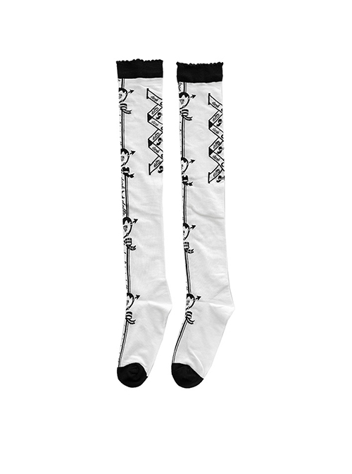 Black Heart Shape Bow Knots Print Lolita White Knit Long Knee Socks