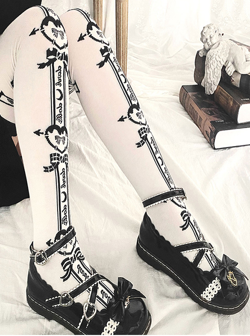 Black Heart Shape Bow Knots Print Lolita White Knit Long Knee Socks