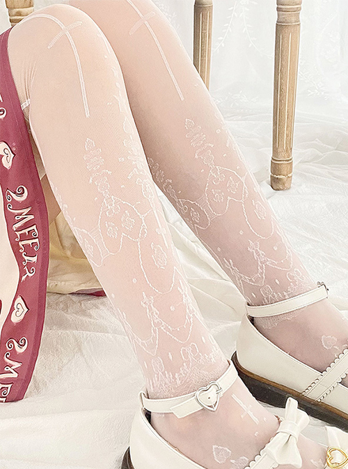 Thin Lace Jacquard Pattern Cross Shape Heart Pattern Decoration White Lolita Knee Socks