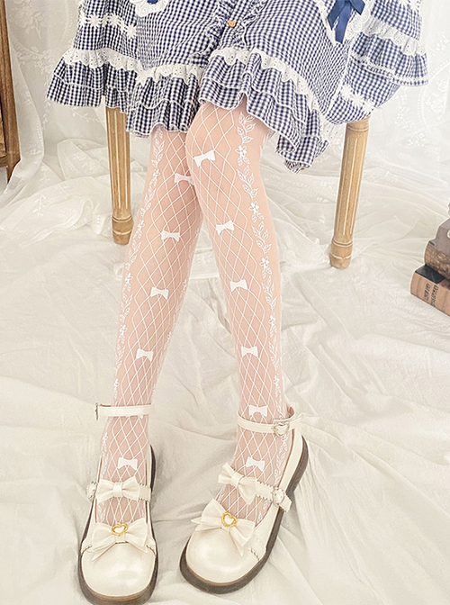 Spring Garden Series Diamond Shape Flower Jacquard Small Bow Knots Print Decoration White Thin Section Pantyhose