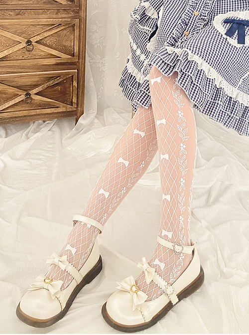 Spring Garden Series Diamond Shape Flower Jacquard Small Bow Knots Print Decoration White Thin Section Pantyhose