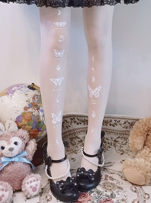 White Summer Thin Section Butterfly Moon Pattern Print Foil Stamping Lolita Pantyhose