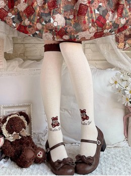 Cute Japanese Style Brown Chocolate Bear Pattern Decoration Lolita Girl Knee-High Cotton Socks