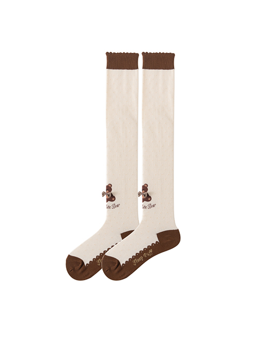 Cute Japanese Style Brown Chocolate Bear Pattern Decoration Lolita Girl Knee-High Cotton Socks