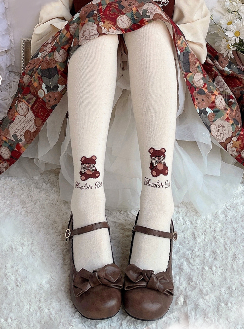 Cute Japanese Style Brown Chocolate Bear Pattern Decoration Lolita Girl Knee-High Cotton Socks