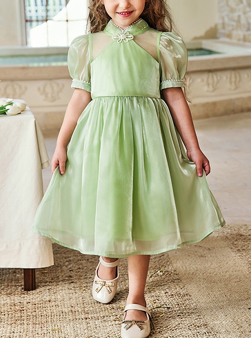 Solid Color Grass Green Streamer Yarn Cute Pleated Sweet Puff Sleeves Pearl Neckline Decoration Sweet Lolita Kids Dress