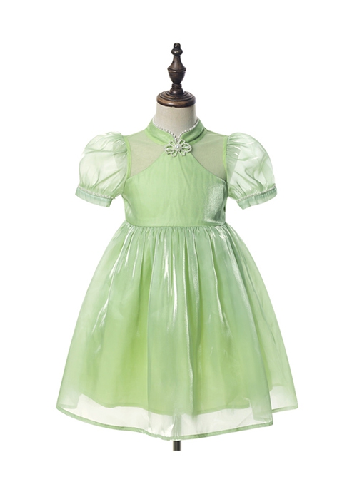 Solid Color Grass Green Streamer Yarn Cute Pleated Sweet Puff Sleeves Pearl Neckline Decoration Sweet Lolita Kids Dress