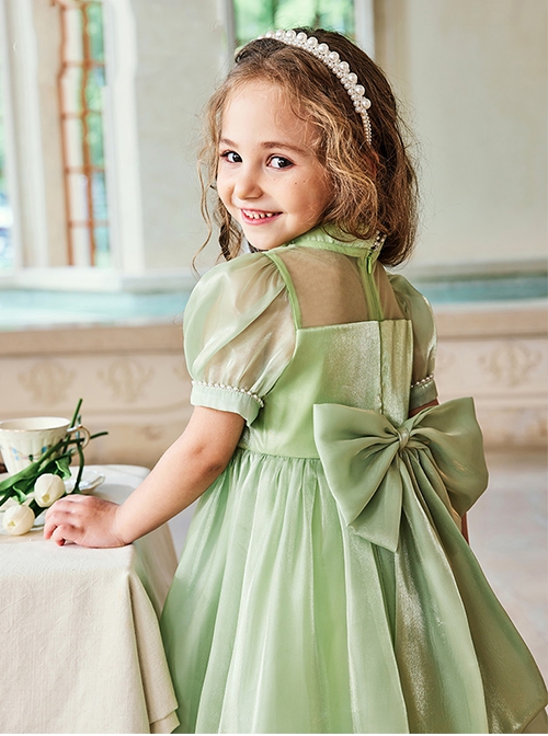 Solid Color Grass Green Streamer Yarn Cute Pleated Sweet Puff Sleeves Pearl Neckline Decoration Sweet Lolita Kids Dress