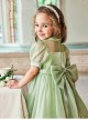 Solid Color Grass Green Streamer Yarn Cute Pleated Sweet Puff Sleeves Pearl Neckline Decoration Sweet Lolita Kids Dress