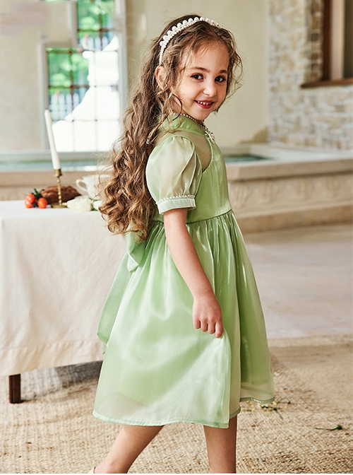 Solid Color Grass Green Streamer Yarn Cute Pleated Sweet Puff Sleeves Pearl Neckline Decoration Children Lolita Kids Dress