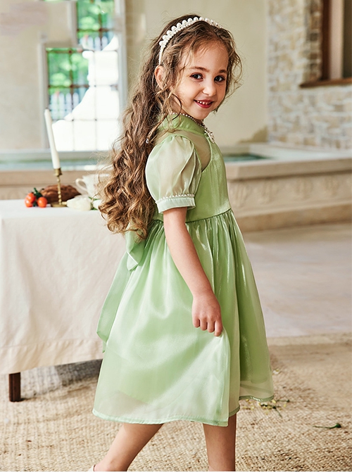 Solid Color Grass Green Streamer Yarn Cute Pleated Sweet Puff Sleeves Pearl Neckline Decoration Sweet Lolita Kids Dress