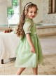 Solid Color Grass Green Streamer Yarn Cute Pleated Sweet Puff Sleeves Pearl Neckline Decoration Sweet Lolita Kids Dress