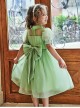 Solid Color Grass Green Streamer Yarn Cute Pleated Sweet Puff Sleeves Pearl Neckline Decoration Sweet Lolita Kids Dress