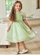 Solid Color Grass Green Streamer Yarn Cute Pleated Sweet Puff Sleeves Pearl Neckline Decoration Sweet Lolita Kids Dress