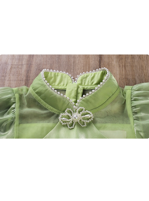 Solid Color Grass Green Streamer Yarn Cute Pleated Sweet Puff Sleeves Pearl Neckline Decoration Sweet Lolita Kids Dress