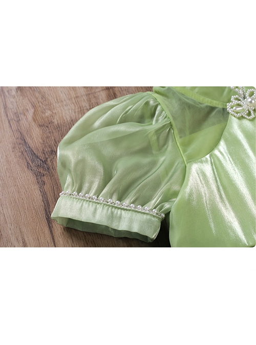 Solid Color Grass Green Streamer Yarn Cute Pleated Sweet Puff Sleeves Pearl Neckline Decoration Sweet Lolita Kids Dress