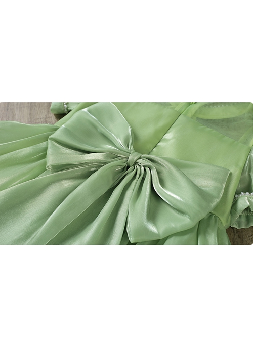 Solid Color Grass Green Streamer Yarn Cute Pleated Sweet Puff Sleeves Pearl Neckline Decoration Sweet Lolita Kids Dress