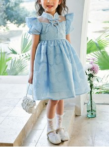 Rose Flower Embossed Texture Pleated Fluffy Hem Cute Flying Sleeves Decoction Children Lolita Kids Blue Dress