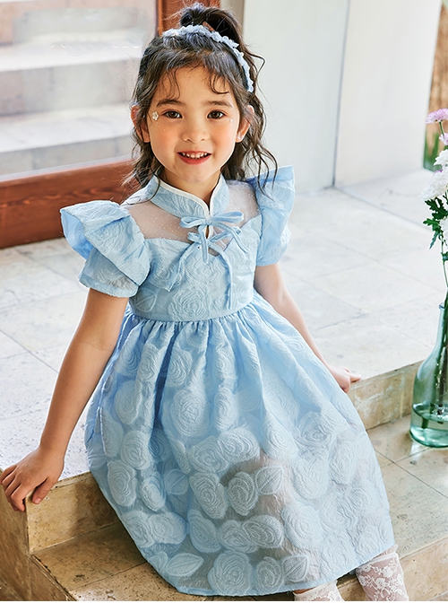 Rose Flower Embossed Texture Pleated Fluffy Hem Cute Flying Sleeves Decoction Children Lolita Kids Blue Dress