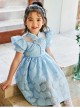 Rose Flower Embossed Texture Pleated Fluffy Hem Cute Flying Sleeves Decoction Children Lolita Kids Blue Dress