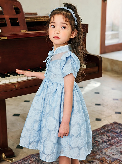 Rose Flower Embossed Texture Pleated Fluffy Hem Cute Flying Sleeves Decoction Children Lolita Kids Blue Dress