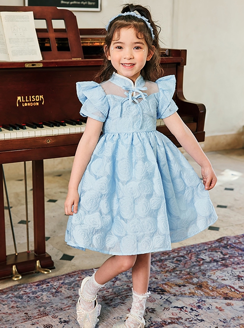 Rose Flower Embossed Texture Pleated Fluffy Hem Cute Flying Sleeves Decoction Children Lolita Kids Blue Dress