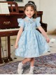 Rose Flower Embossed Texture Pleated Fluffy Hem Cute Flying Sleeves Decoction Children Lolita Kids Blue Dress